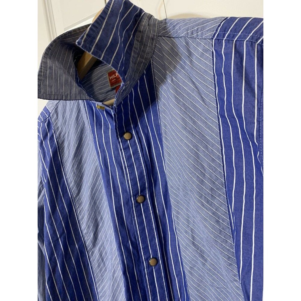 Tommy Hilfiger Red Label Western Pearl-Snap Button Blue-White Stripe M Long Slve
